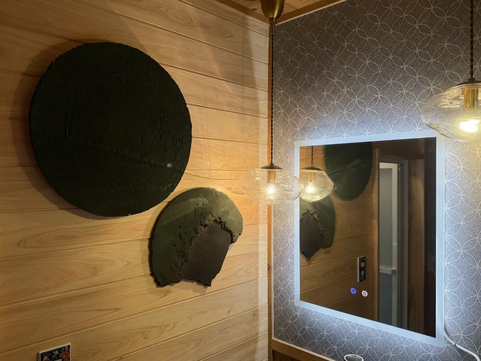 壁に飾られた苔のような質感のアート作品